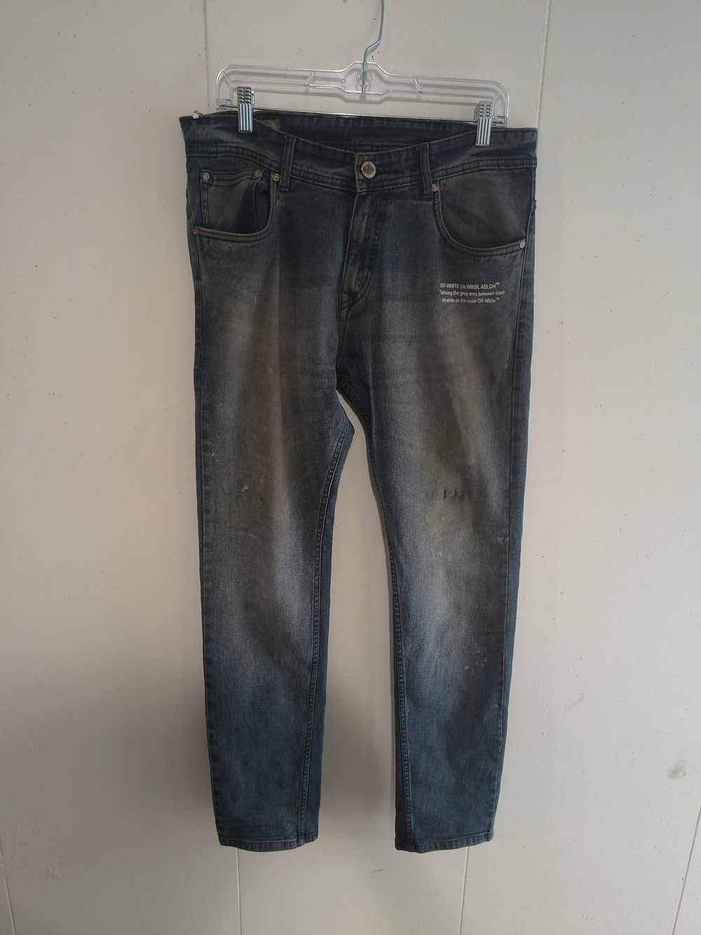 Off-White Men's Distressed Slim Straight Jeans in Faded Blue